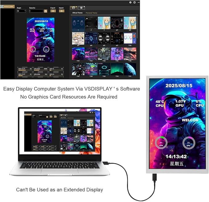 VSDISPLAY 8 Inch 1280x800 IPS LCD Monitor Portable Small Display Supports Theme Edit for PC Case CPU GPU RAM Data Monitoring Secondary ScreenWhite
