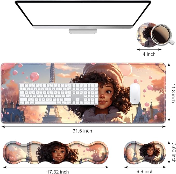 Ergonomic Keyboard Wrist Rest &amp Mouse Pad Wrist Rest Set Large XXL Gaming Desk Mat 31.5x 11.8 with Memory Foam Easy Typing Pain Relief for Office &amp Home Cute African American Girl