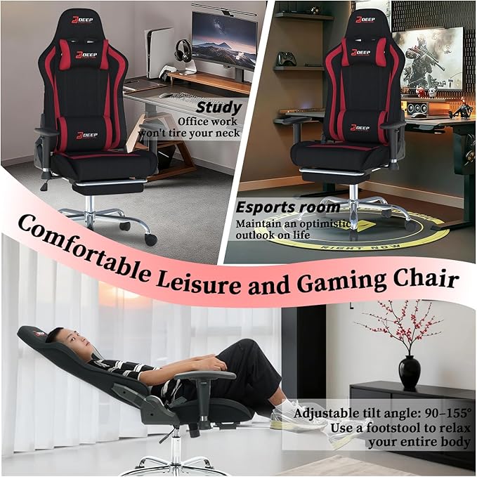Fabric Gaming Chair Skin-Friendly and Breathable Manufactured by A Reputable Manufacturer Safe and Stable Specially Designed for Gaming.with Footrest Mg(1005-Red)