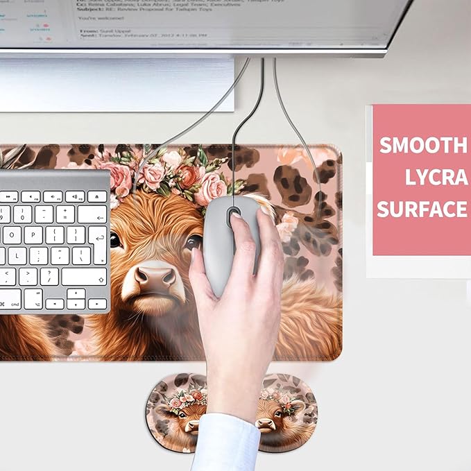 Mouse PadLarge Desk Mat Set 4in1 XL Mousepad + Keyboard Wrist Rest+Mouse Wrist Rest+Coaster with Ergonomic Desk Pad for Home Office Table Computer Cover -Highland Cow with Flower Crowns