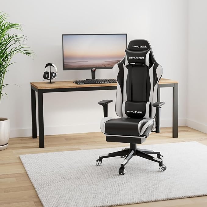 GTPLAYER Gaming Chair with Footrest Ergonomic Computer Game Desk Chair Reclining Game Chair Seat Height Adjustment Swivel Rocker with Headrest and Lumbar (White)