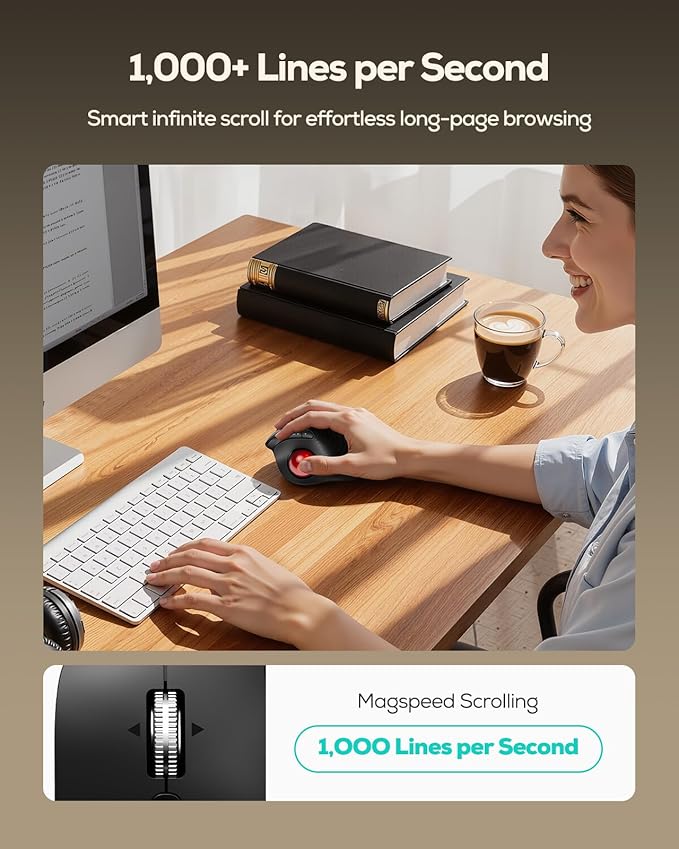 Nulea M514 Vertical Trackball Mouse Ergonomic Wireless Thumb-Control Mouse with Quiet Clicks Ultra-Fast Scrolling 3 Device Connection (Bluetooth &amp USB Receiver) Rechargeable for PC/Mac/Laptop