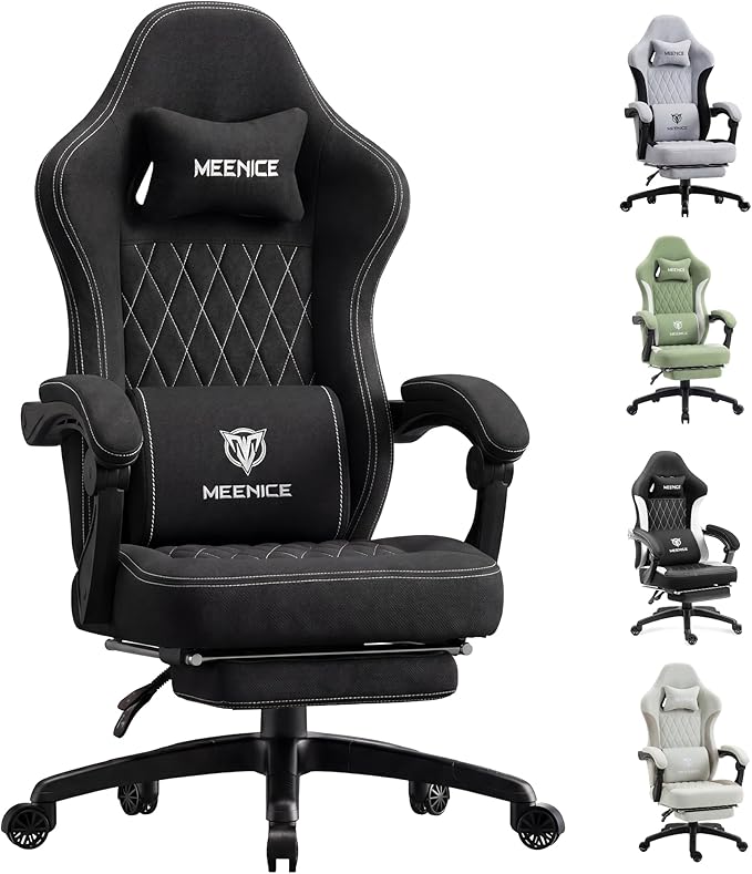 Gaming Chair Fabric with Pocket Spring Custion Ergonomic High Back Video Game Chair with Footrest Massage Lumbar Support Height Adjustable Comfy Computer Chair for Adults Game Office Onyx