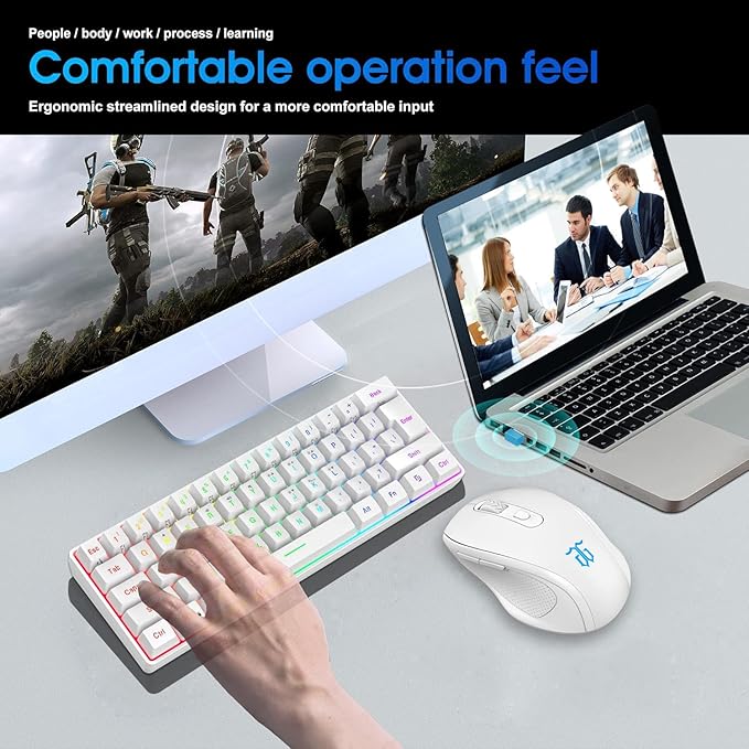 Snpurdiri 2.4G Wireless Gaming Keyboard and Mouse Combo Include Small 60% Merchanical Feel Ergonomic Design Mini Wireless Mouse(White)
