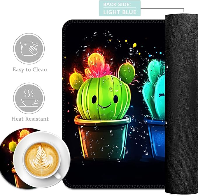 Keyboard Mouse Pad Set Extended Gaming Mouse Pad+Ergonomics Keyboard Wrist Rest Support Memory Foam Easy Typing Pain Relief 4Pcs XL Ultra Thick Desk MatColorful Cactus Art