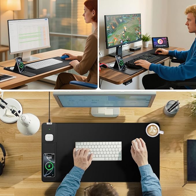 Wireless Charging Mouse Pad with Foldable Phone Holder 31.5x15.8 Large Desk Mat for Laptop/Keyboard Waterproof Ultra-Smooth Surface Non-Slip Base Black