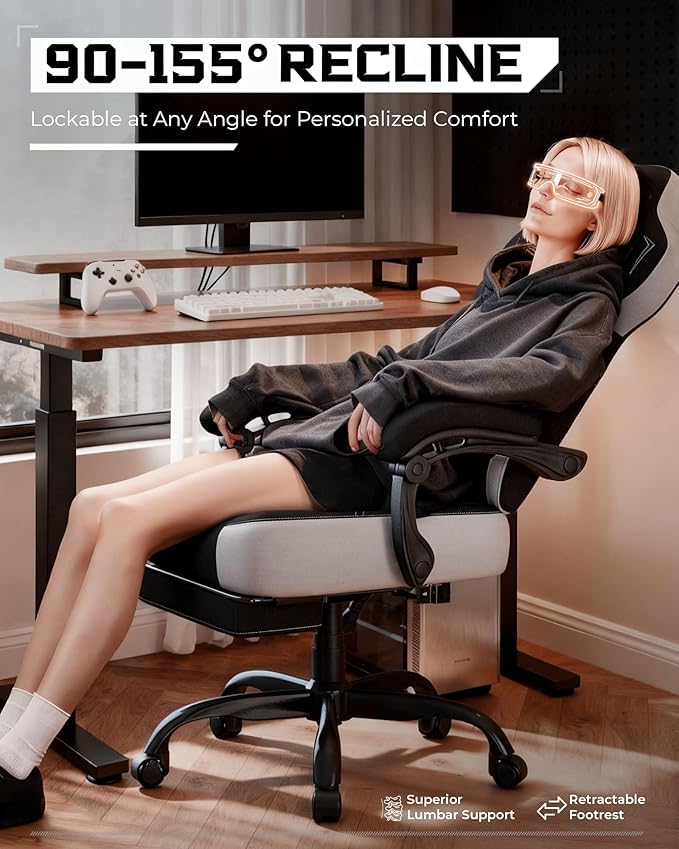 GTPLAYER Gaming Chair Computer Chair with Footrest and Lumbar Support for Adults 360°-Swivel Big &amp Tall Reclining Seat for Office or Gaming (Black&ampWhite)