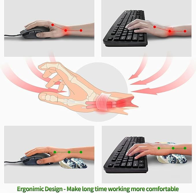 3-Piece Ergonomic Desk Mat and Cloud Wrist Rest Set Large 31.5 x 11.8 Wave Office Desk Pad with Memory Foam Support Non-Slip PU Computer Protector for Home Gaming &amp Writing Sunset Wave