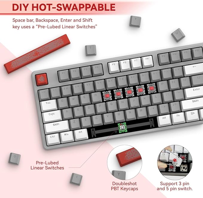 Magic-Refiner AK873 Gaming KeyboardRainbow Led BacklitHot-Swappable Linear Red SwitchPBT Keycap75% TKL LayoutErgonomic Mechanical Keyboard with Custom Coiled USB/Type-C Aviation Cable(White Grey)