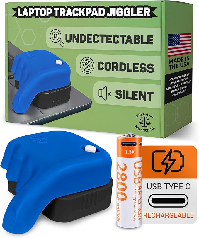 Work-Life Balance Rechargeable Trackpad Jiggler - Undetectable Mechanical Mouse Mover for Laptop Automatic Shaker to Keep Screen Active Cordless Device Remote Work Trackpad Tech Essential - Blue