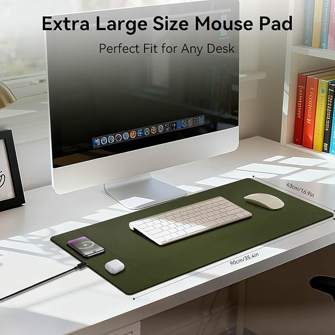 Wireless Charging Mouse Pad 15W Fast Charge Magnetic Charger Desk Pad Large Office Desk Mat (35.4x16.9) with Ultra-Smooth Surface Military Green Computer Mousepad for MacBook PC Laptop