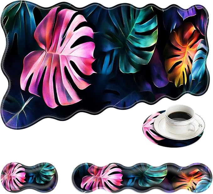 Large Mouse Pad and Keyboard Wrist Rest Desk Pad for Keyboard and Mouse 4-in-1 Large Gaming Mouse Pad with Wrist Support Desk Mat for Home Office Study Game-Colorful Tropical Leaf