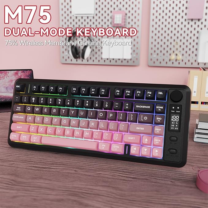 ZIYOU LANG M75 Wireless Gaming Keyboard RGB Backlit Rechargeable 2000mAh Battery Small Membrane But Mechanical Feel Keyboard with Smart Display &amp Knob PBT Gradient keycaps for PC MAC-BlackBerr