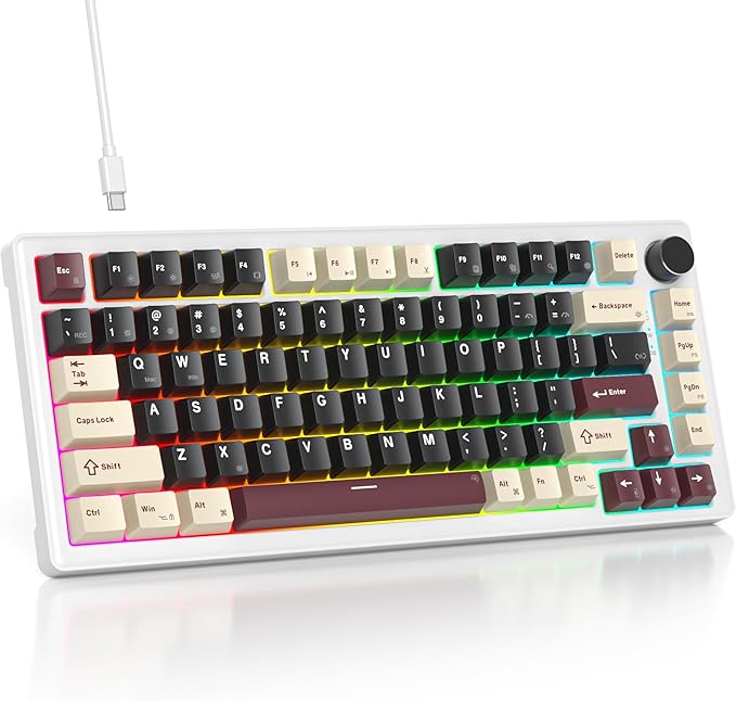 75% Mechanical Keyboard Gasket with Knob Custom Wired Creamy Gaming Keyboard TKL 75 Percent Hot Swappable RGB Backlit Pre-lubed Switch for Win/MAC（Roma/White Switch）