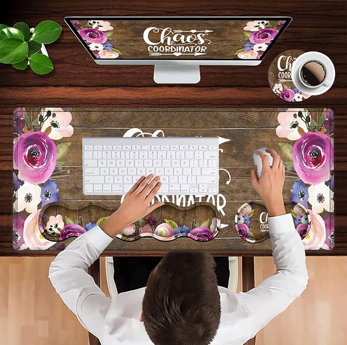 Mouse Pad SetLarge Gaming Mouse Pad + Keyboard Wrist Rest Support + Mouse Wrist Rest31.5 x 11.8 in Extended Desk Mat for OfficeChaos Coordinator Quotes Vintage Watercolor Flora Desktop Decoration