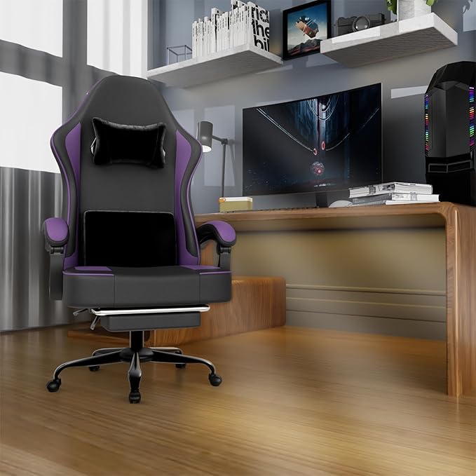 Gaming Chair with Pocket Spring Cushion and Footrest PU Leather Game Chair Adjustable Headrest Home Office Desk Chairs Comfortable Ergonomic Computer Chairs - Purple