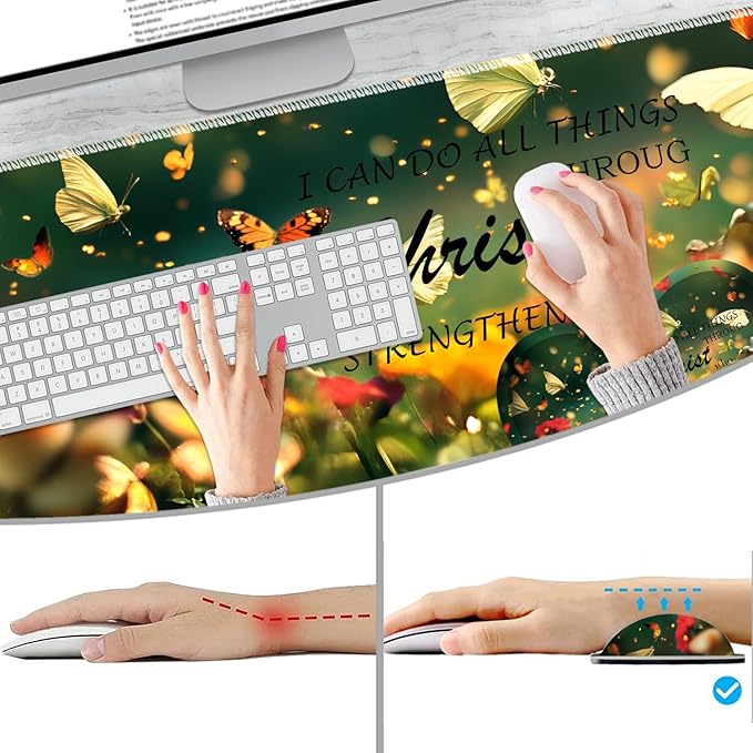 Extended Non-Slip Mouse Pad + Mouse Wrist Rest + Lace-Shaped Coaster Set Ergonomic Design Suitable for Desk and Home Gaming Table Mat Butterflies and Philippians 4-13