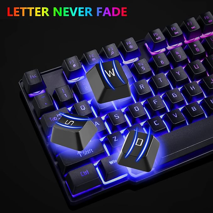 RGB Gaming Keyboard and Colorful Mouse ComboUSB Wired LED BacklightLetter GlowMechanical Feeling for Laptop PC Computer Game and Work