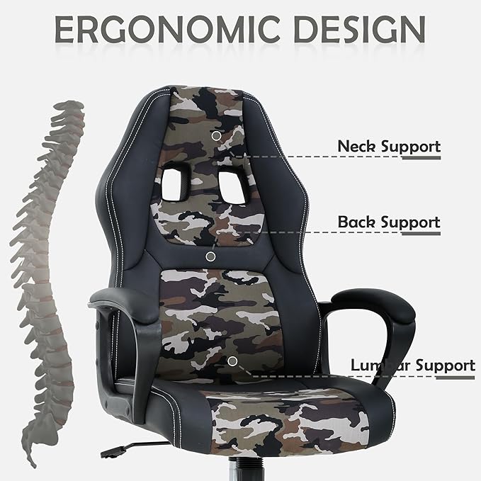 Massage Gaming Chair Gaming Chair with Massager Massage Lumbar Support Gaming Chairs for Adults Office Gaming Chair with 360°Swivel Comfortable Gaming Chair with Height Adjustable Camo &amp Bla