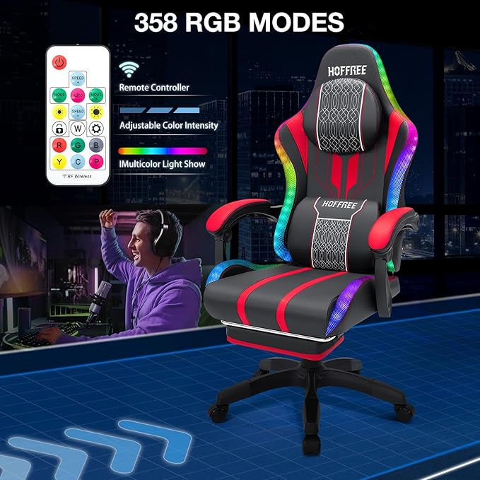 HOFFREE Led Gaming Chair with Speakers and Massage Big and Tall Video Game Chair for 400lbs with Footrest Reclining High Back Computer Chair Red Black
