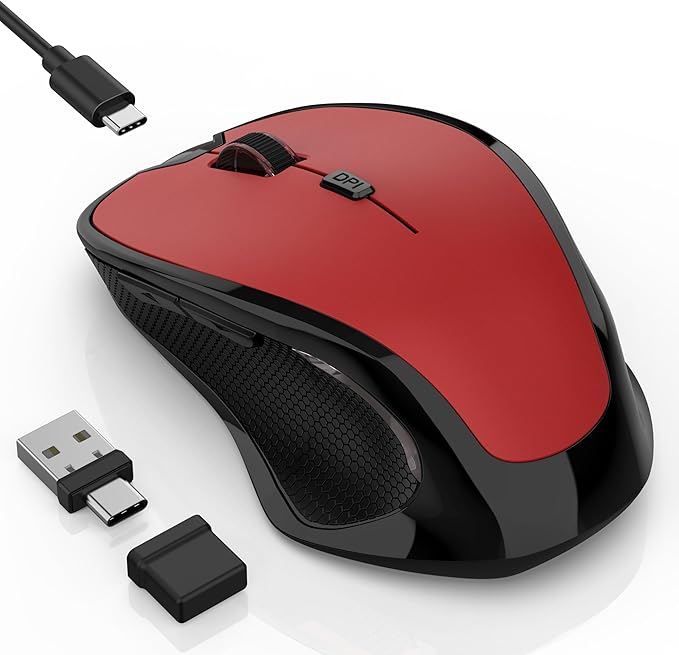 Bluetooth Wireless Mouse 2.4G Ergonomic Rechargeable Computer Mouse for MacBook Air iPad Pro PC with Jiggler Mode 3 DPI Levels &amp Forward/Back Buttons Laptop Mice for Office/Home/School - Red