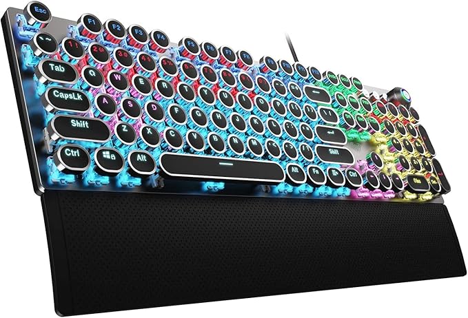 AULA F2088 Typewriter Style Mechanical Gaming Keyboard WiredBlue SwitchesRainbow LED BacklitRemovable Wrist RestMedia Control KnobRetro Punk Round KeycapsUSB Wired Computer Keyboard