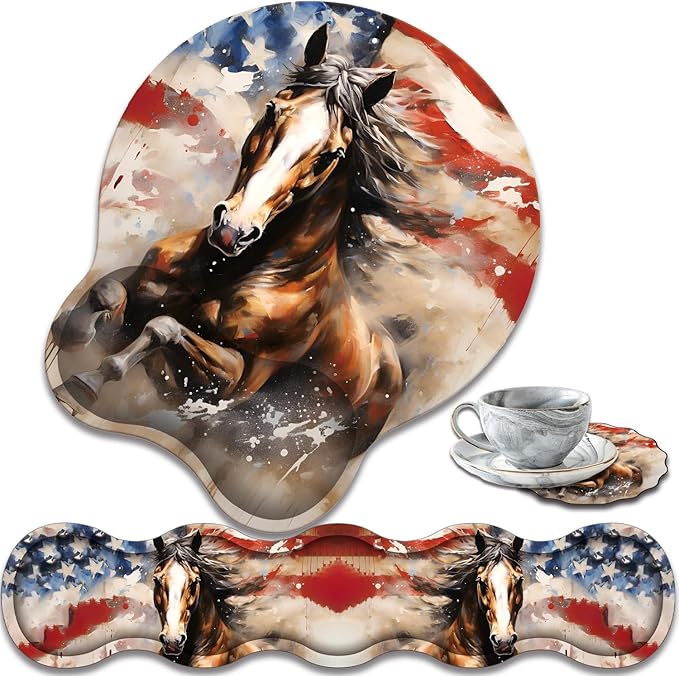 Ergonomic Keyboard Wrist Support Pad and Wrist Support Mouse Pad Anti-Slip with Gel Memory Mouse Pad Set Suitable for Office Use/Home Use - American Flag and Horse