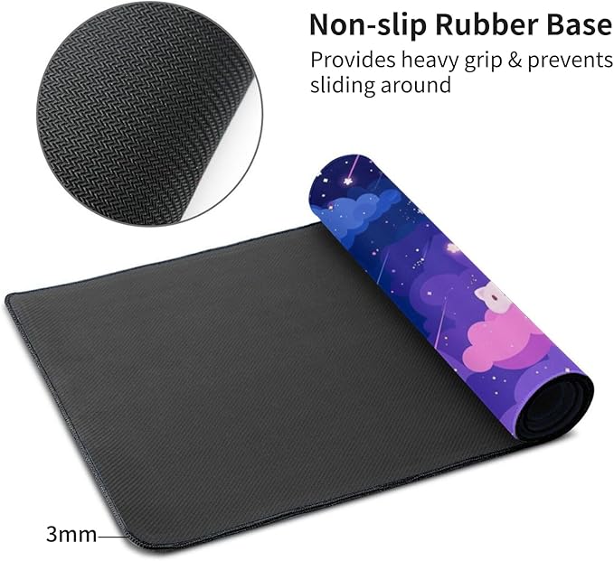 Extra Large Mouse Pad 48x24 Inch Cute Cartoon Cat Starry Sky Desk Mat with Non-Slip Base Purple Mousepad for Gaming Office Soft Keyboard Mat for Full Desk Coverage