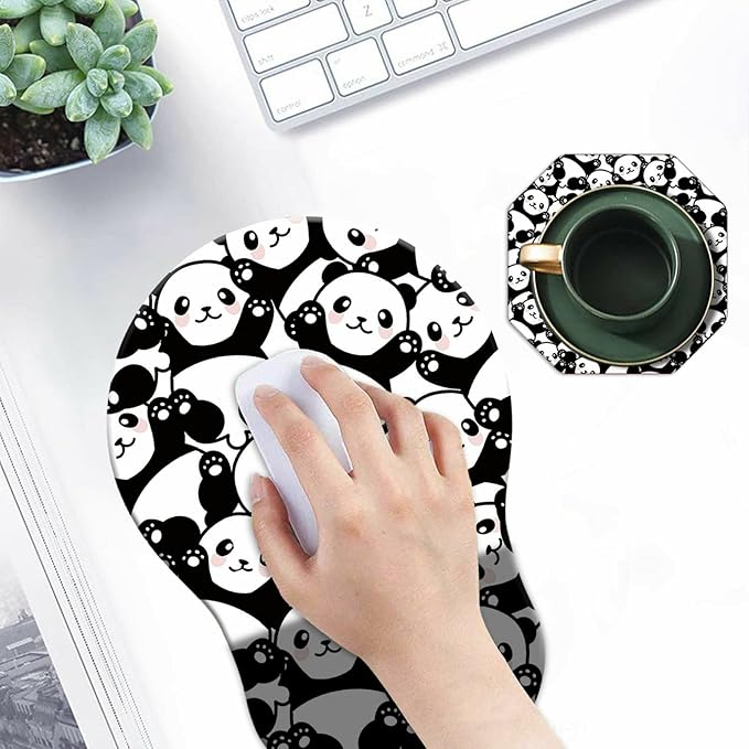 Mouse Pad with Wrist Support Gel Cute Panda Pattern Design Ergonomic Gaming Mousepad with Wrist Rest for Laptop Computer Home Office Working Mouse Mat + A Cute Coffee Pad
