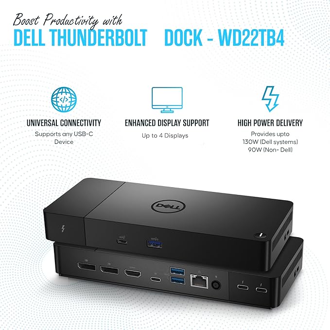 WD22TB4 Dell Thunderbolt 4 Dock 40Gbps USB-C/USB-A 1 Year Warranty - Docking Station with 180W HDMI DisplayPort Cables &amp Cleaning Cloth – Supports Dual/Triple Monitors &amp 4K Displays