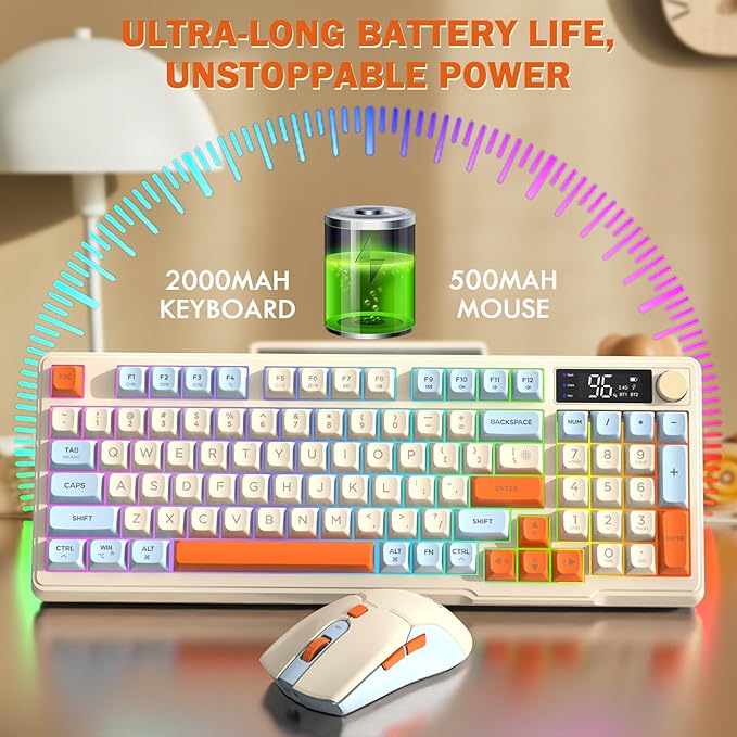ZIYOU LANG T96 Wireless Gaming Keyboard and Mouse ComboDual Bluetooth/2.4G RGB Backlit Mechanical Feeling Keyboard with Smart Display &amp Knob4000 DPI Gaming Mouse for PC Laptop Mac Wins-Blueberry