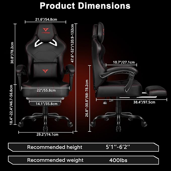 VITESSE Big and Tall Gaming Chair 400lb Weight Capacity with Footrest Ergonomic Video Game Chair for Adults with Oversized Headrest and Lumbar Pillow Computer Chair Gaming for Office