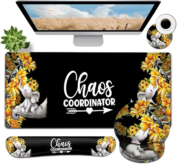 Large Mouse Pad Ergonomic Mouse Pad with Wrist Rest and Keyboard Wrist Rest 4 in 1 Set 31.5 x11.8 inch Extended Desk Pad for Home Office Cute Baby Elephant and Sunflowers Black xxl Gaming Mouse Mat
