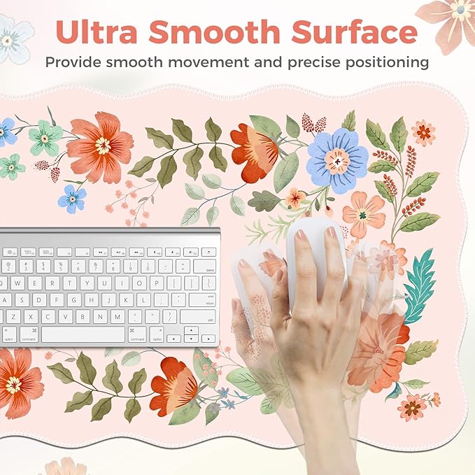 Pink Desk Cover Mat Ergonomic Mouse Pad with Wrist Support Girly Aesthetic Office Stuff Scalloped Floral Desk Protector for Office Must-Haves Work