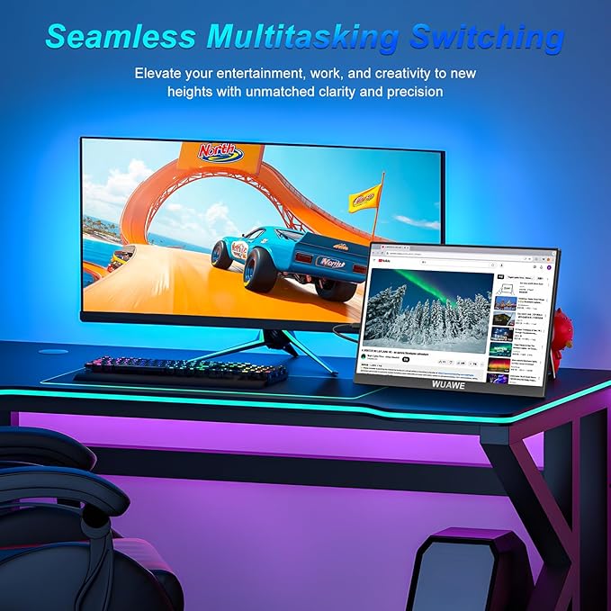 WUAWE Portable Monitor 16 16:10 IPS Travel Monitor for Laptop 100% sRGB Control USB-C HDMIHDR Freesync Display Plug&ampPlay for Phone PS5 Switch (2.5K|144HZ Black 16inch)
