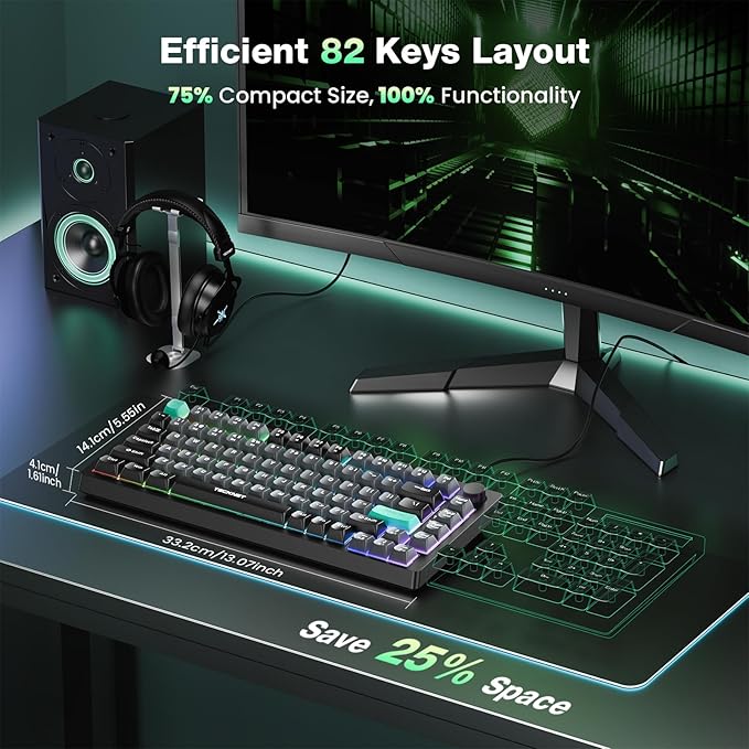 TECKNET Gaming Keyboard 75% Wired Keyboard RGB Backlit 82-Keys with Volume Knob Control 26 Keys Anti-ghosting Whisper Quiet Gaming Switch Travel Friendly for Windows Laptop PC Mac-Grey