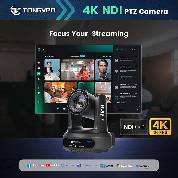 4K NDI PTZ Camera 60FPS 4KP60 AI Auto-Tracking 20X Optical Zoom Video Conference Camera 1/1.8 UHD CMOS 8.42MP with USB 3G-SDI HDMI LAN Outputs POE Live Streaming for Church Worship Conference Events