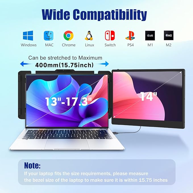 KEFEYA Laptop Screen Extender 14 FHD 1080P IPS Laptop Monitor Extender Dual Screen Portable Monitor for Laptops 13-17 with USB-C/HDMI Port Plug n Play for Windows/Mac/Android/Switch/PS5