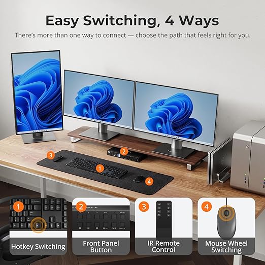 TESmart USB 3.0 HDMI+DP+USB C KVM Switch 3 Monitors 4 Computers 4K@60Hz 4 Port Triple Monitor KVM Switch MST 60W PD for Laptop 1G Ethernet EDID Emulators Hotkey Switch Rack-Ears