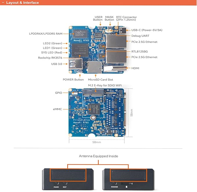 NanoPi R76S Mini Router RK3576 Octa-Core SoC with AI Model LPDDR5 16GB RAM 32GB eMMC 6TOPS NPUDual 2.5G Ethernet Support M.2 Wi-Fi Module (None M.2 WiFi LPDDR4X 4GB TF Card Kit)