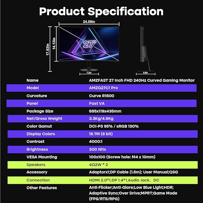 Amzfast 27 inch 240Hz Curved Gaming Monitor FHD 1080P Monitor Gaming with Upgraded Built-in Speakers MPRT 1ms with Fast VA Panel | 130% sRGB 4000:11500R | 12 Months Warranty Exchange