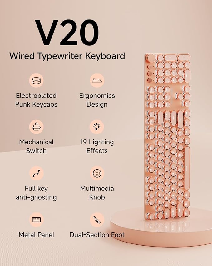 EWEADN Typewriter Style Mechanical Keyboard Wired Typewriter Keyboard104 Keys Retro Typewriter Keyboards Media Control Knob Wired Computer Keyboard Pink Switch for Windows/Mac/PC-Pink