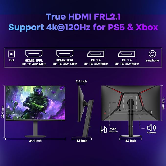 Amzfast 27’‘ 4K Gaming Monitor HDR 400 UHD 160Hz 144Hz | FHD 320Hz 300Hz Dual Mode PC Monitor Built-in Speakers 1ms Fast IPS 126% sRGB PIP/PBP HDMI 2.1 x 2 &amp DP 1.4 x 2 Height Adjustment VES