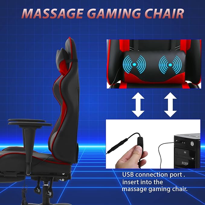 PayLessHere Racing Gaming Chair Office Massage Chair Ergonomic Recliner with Computer Desk PU Leather Lumbar Support Footrest Rolling Swivel and Task Function Ultimate Comfort for Adults (Red)