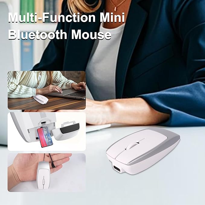 Bluetooth Mouse Rechargeable Portable Mini Computer Mice with TF Card Reader 3 Adjustable DPI Optical Lightweight Silent Wireless Mouse for Laptop Tablet Cell Phone Windows Mac OS Android iOS Silver