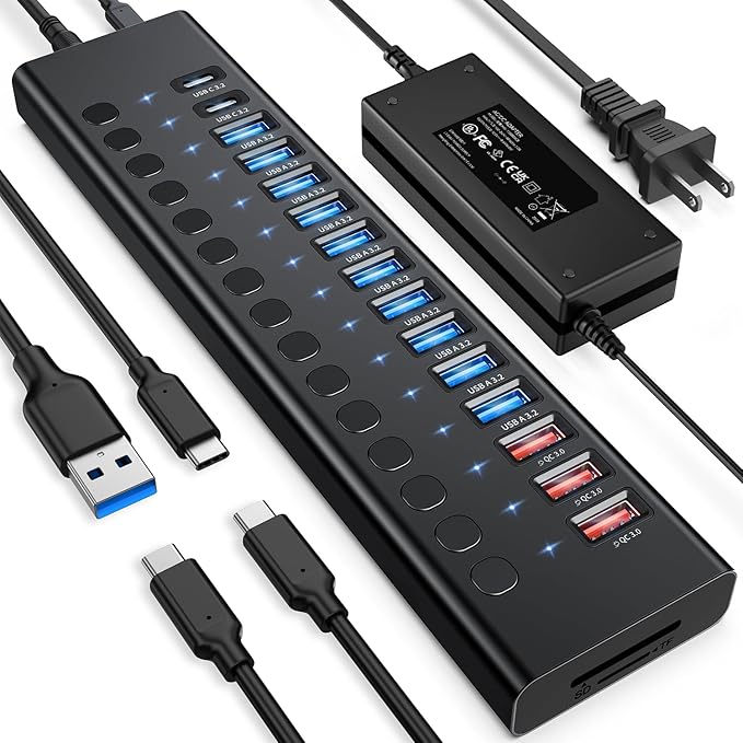 Powered USB Hub 10Gbps 17 Ports 96W USB 3.2 Hub(10 USB-A 3.2 Ports+3 QC 24W Fast Charging Ports+2 USB-C 3.2 Ports+SD/TF Card Reader) 12V/8A Power Adapter for Laptop PC Computer HDDFlash Drive
