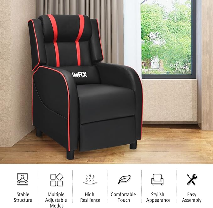 8AM Office Gaming Massage Recliner Sofa Ergonomic PU Leather Gaming Recliner Sofa with Footrest Lumber Support Side Pouch &amp Remote Control for Gaming Living Room Theater (Red)