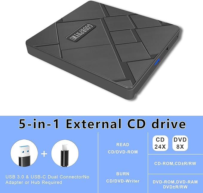 External CD/DVD Drive USB-C/USB 3.0 CD Burner DVD Player Compatible with MacBook iMac Windows 11/10/8/7 laptops and PCs Portable disc Reader with Carrying case