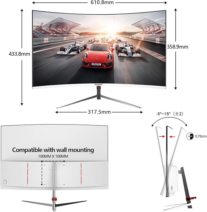 Gawfolk 27 Inch PC Computer Screen1800R Curved Gaming 180Hz Monitors FHD1080p 1ms Without Bezel freesync 98% sRGB178 ° Angle View HDMI DisplayPort Compatible with Wall-Mounted100*100MM-White