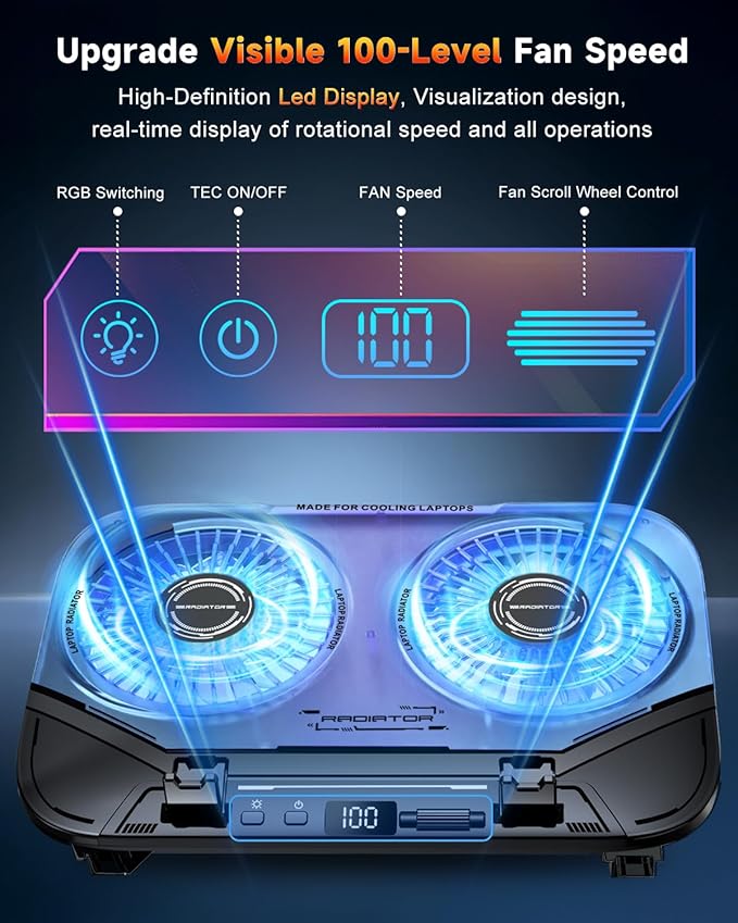 Upgraded Laptop Cooling Pad with Dual TEC Cooler Gaming Laptop Cooler 2 Powerful Turbo Fans Fast Cooling Laptop 12-21in 5 Height Stands 100 Gear Speed Adjust LCD Screen RGB Phone Holder
